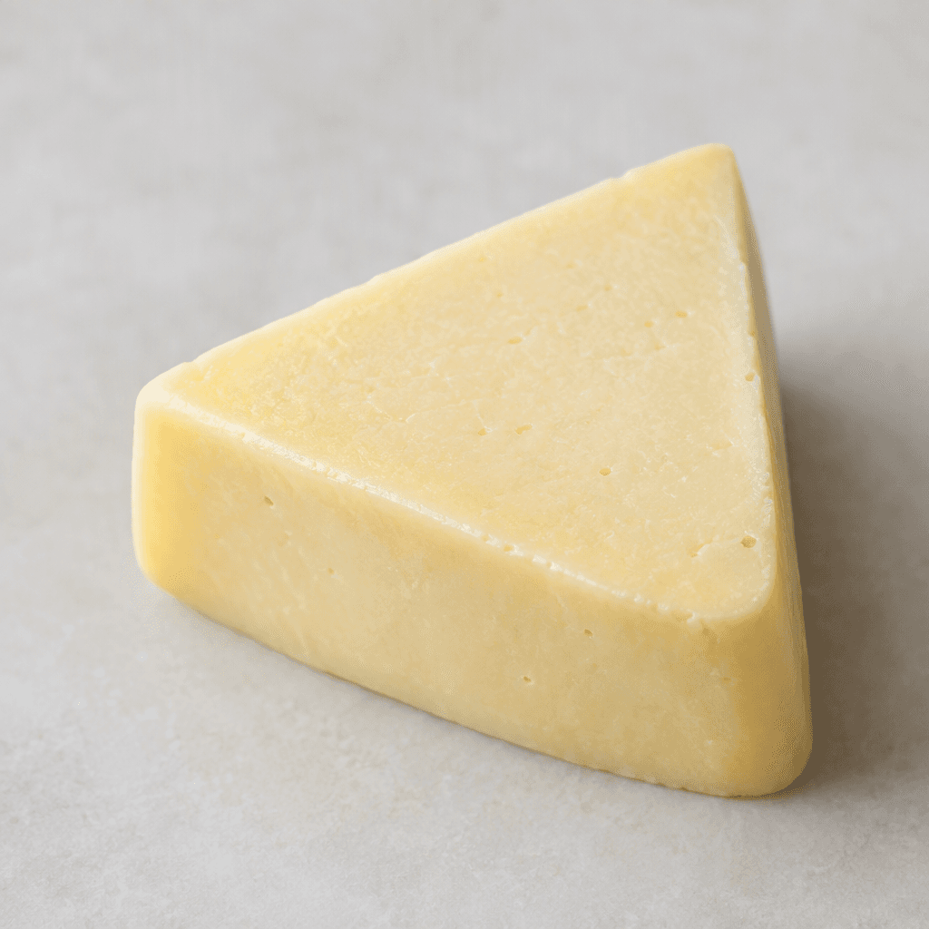 A small triangular portion of smooth, pale ivory-yellow cheese with softly rounded edges.