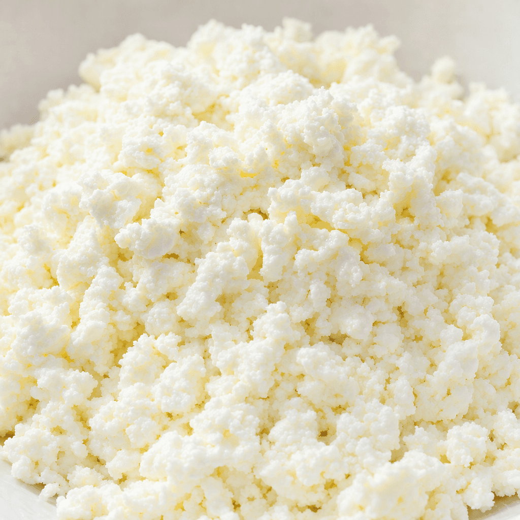 A loose mound of soft, finely crumbled white cheese, with small irregular curds and a slightly moist, matte surface.