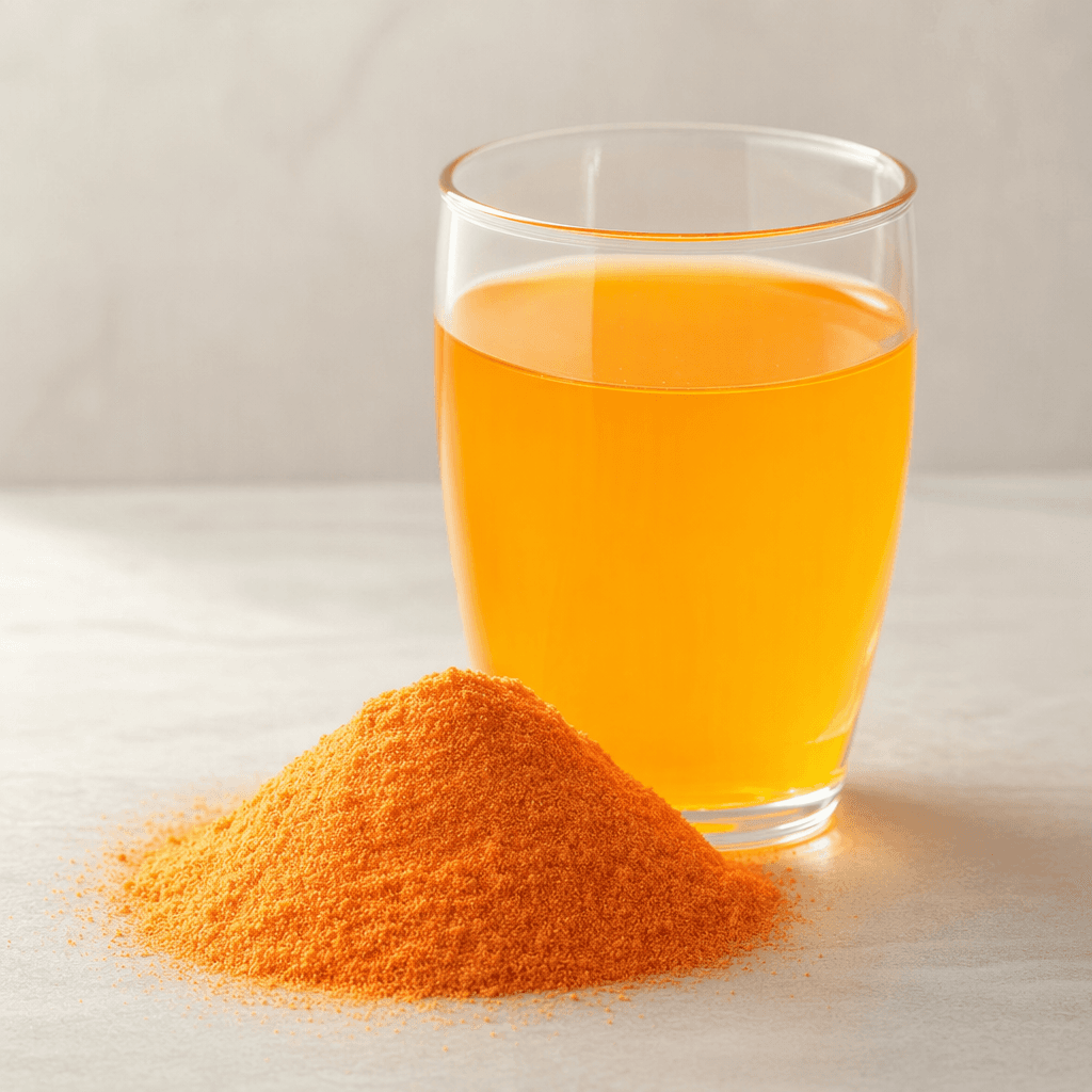 A small mound of fine, dry, brightly coloured drink powder sits beside a clear glass of translucent, vividly coloured liquid.