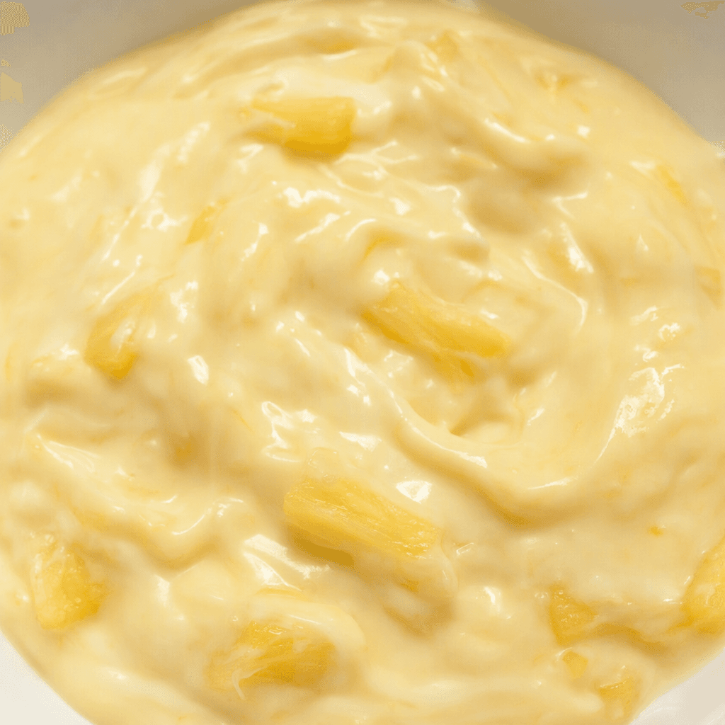 A thick, glossy pale-yellow yogurt with small golden pineapple pieces distributed through its smooth, creamy surface.