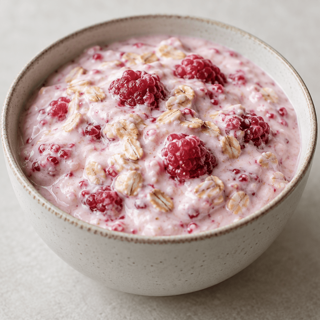 A thick, pale pink yogurt with visible raspberry pieces and oat flakes, served in a bowl.