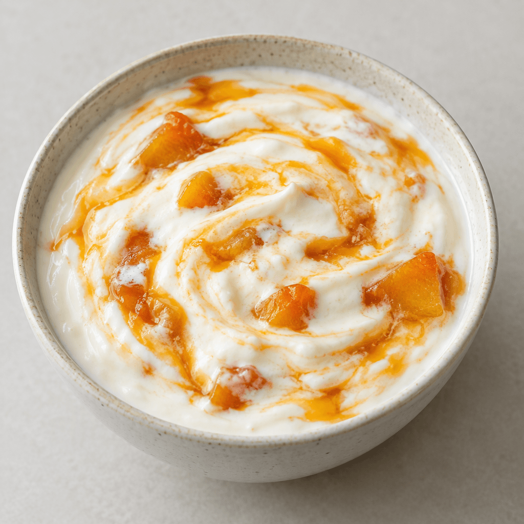 Küçük meyve parçaları ve altın sarısı kayısı püresi çizgileri görünen, koyu kıvamlı ve pürüzsüz açık krem renkli kefir yoğurdu bir kâsede servis ediliyor.