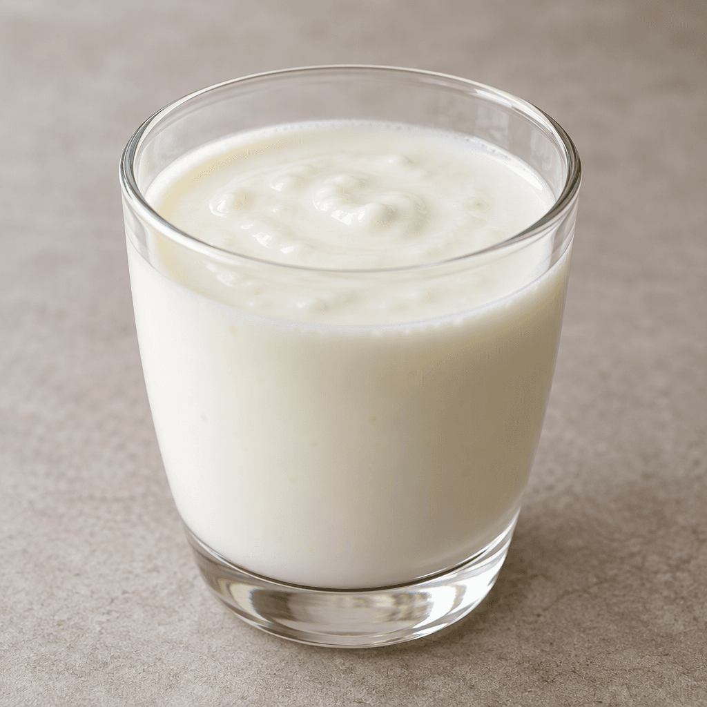 Kefir, küçük bir porsiyon hâlinde şeffaf bir bardakta; açık krem renginde, pürüzsüz ve hafif koyu kıvamlı görünür.