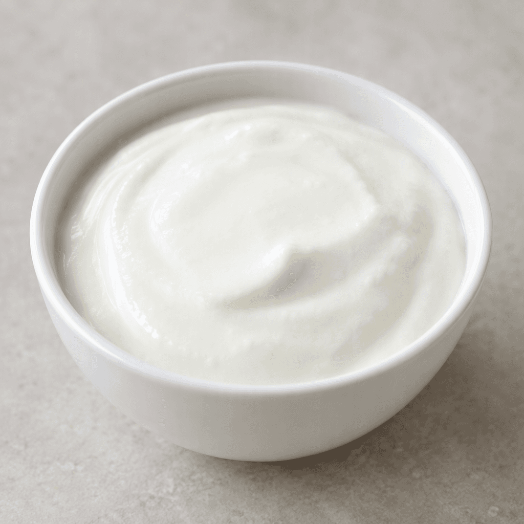 A small serving of thick, smooth white yogurt with a softly glossy, level surface.