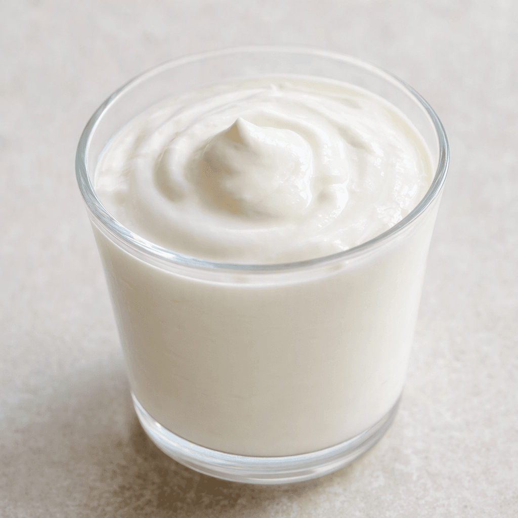 A small clear glass filled nearly to the rim with thick, smooth, plain white yogurt.