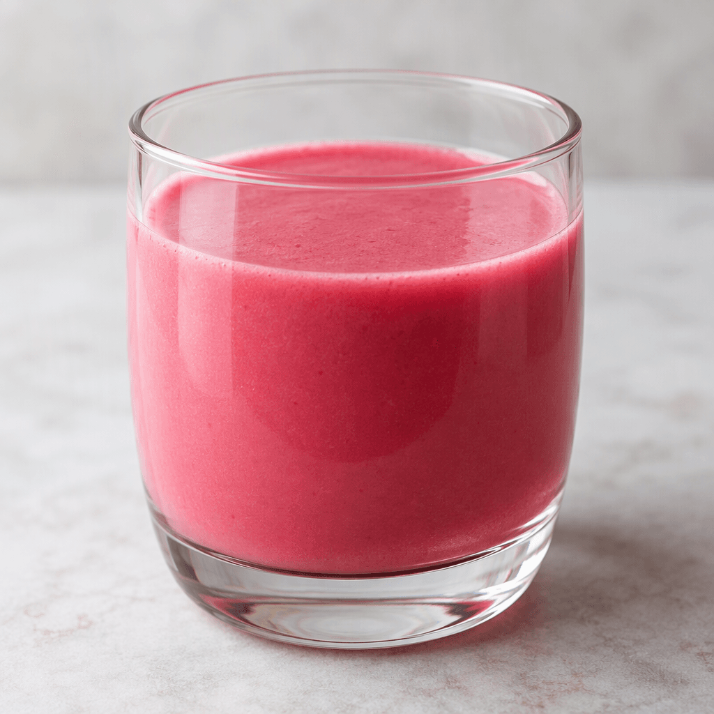 A small serving of smooth, opaque raspberry-pink liquid with no visible pieces or garnish.