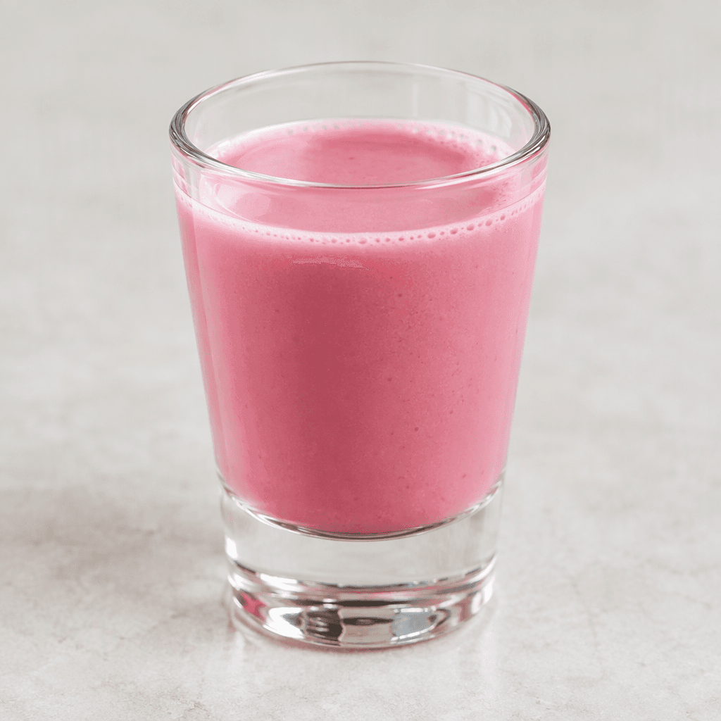 A small serving of smooth, opaque, pale raspberry-pink dairy drink sits in a clear glass.