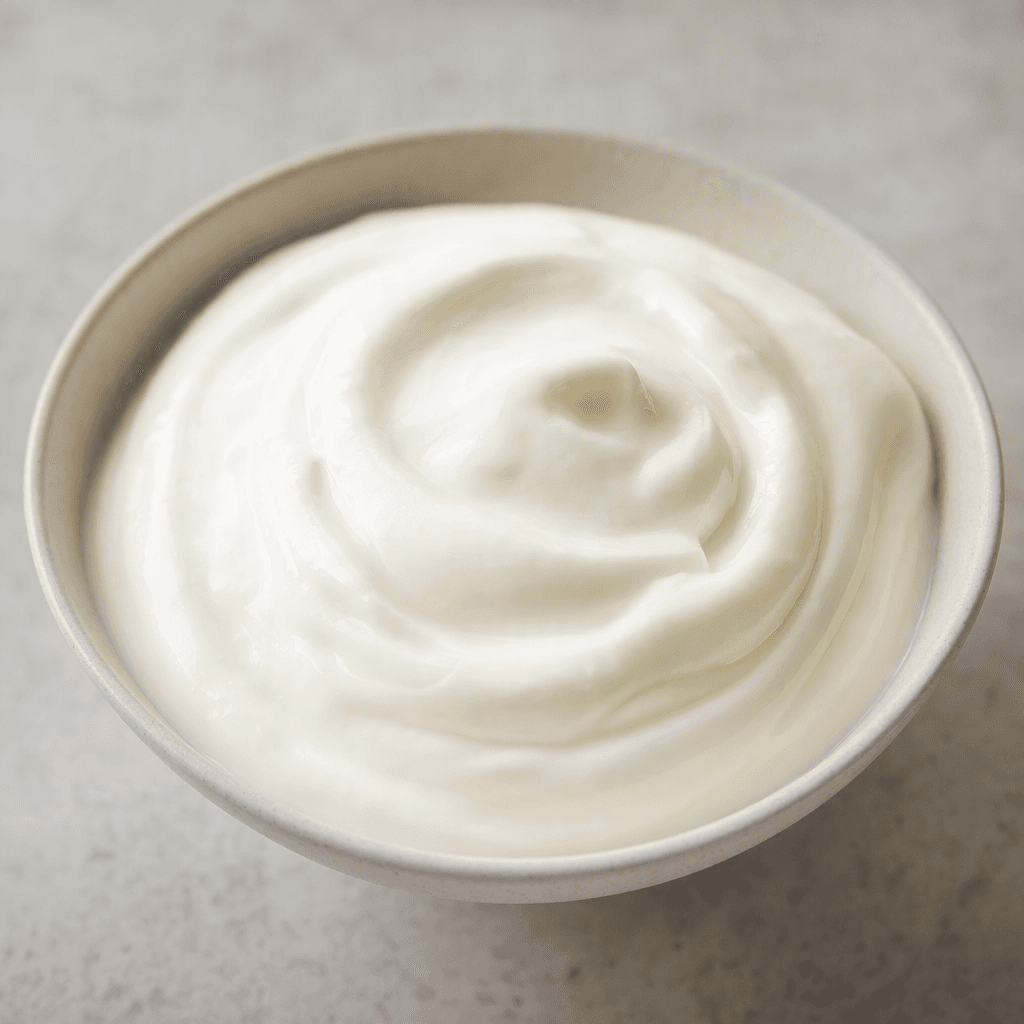 A thick, smooth, glossy white yogurt sits in a small mound, with a softly rounded surface and no visible toppings.