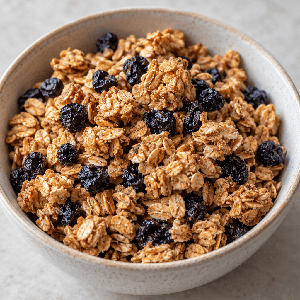 Irregular clusters of toasted golden-brown rolled oats mixed with small dark blue-purple dried blueberries, loosely piled in a bowl.