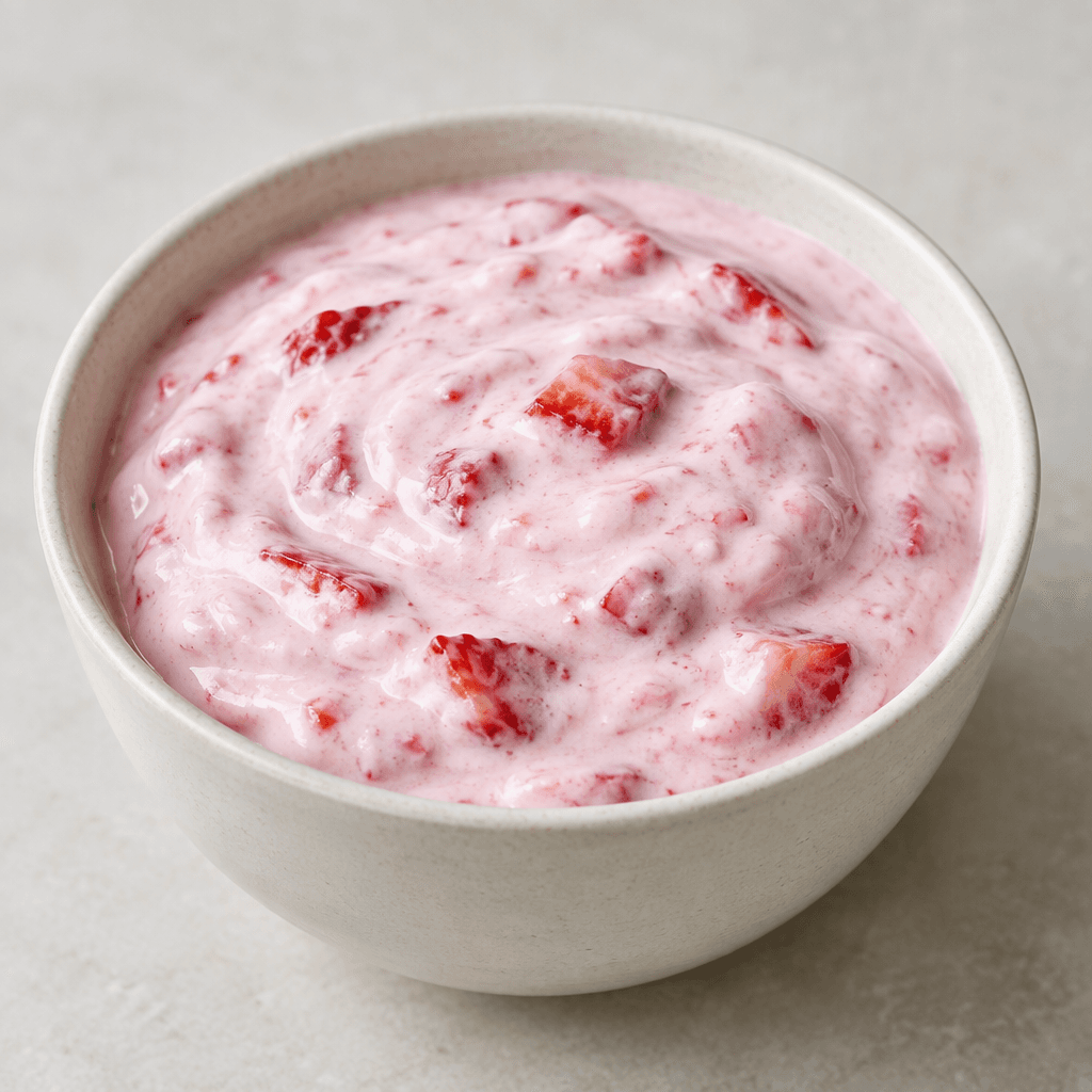 Thick, creamy pale-pink yogurt with small red strawberry pieces, served in a simple bowl.