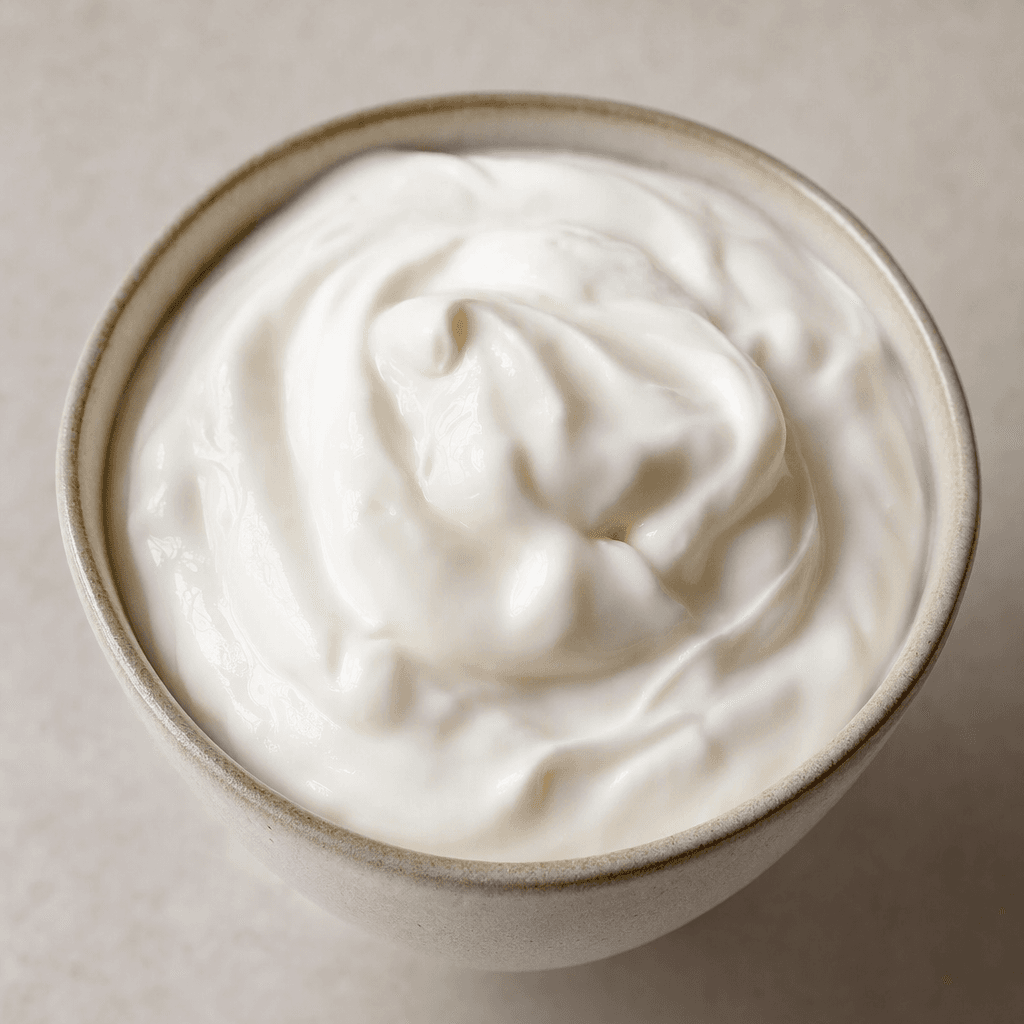 A mound of plain yogurt sits in a small bowl, its surface smooth, thick, and glossy white with soft folds.