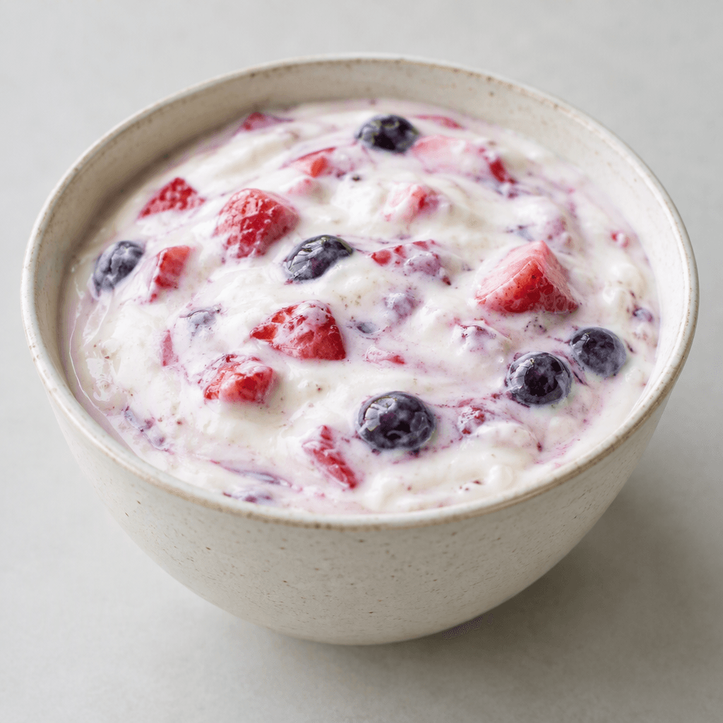 Creamy pale yogurt with small pieces of red and purple fruit and faint fruit streaks is served in a bowl.