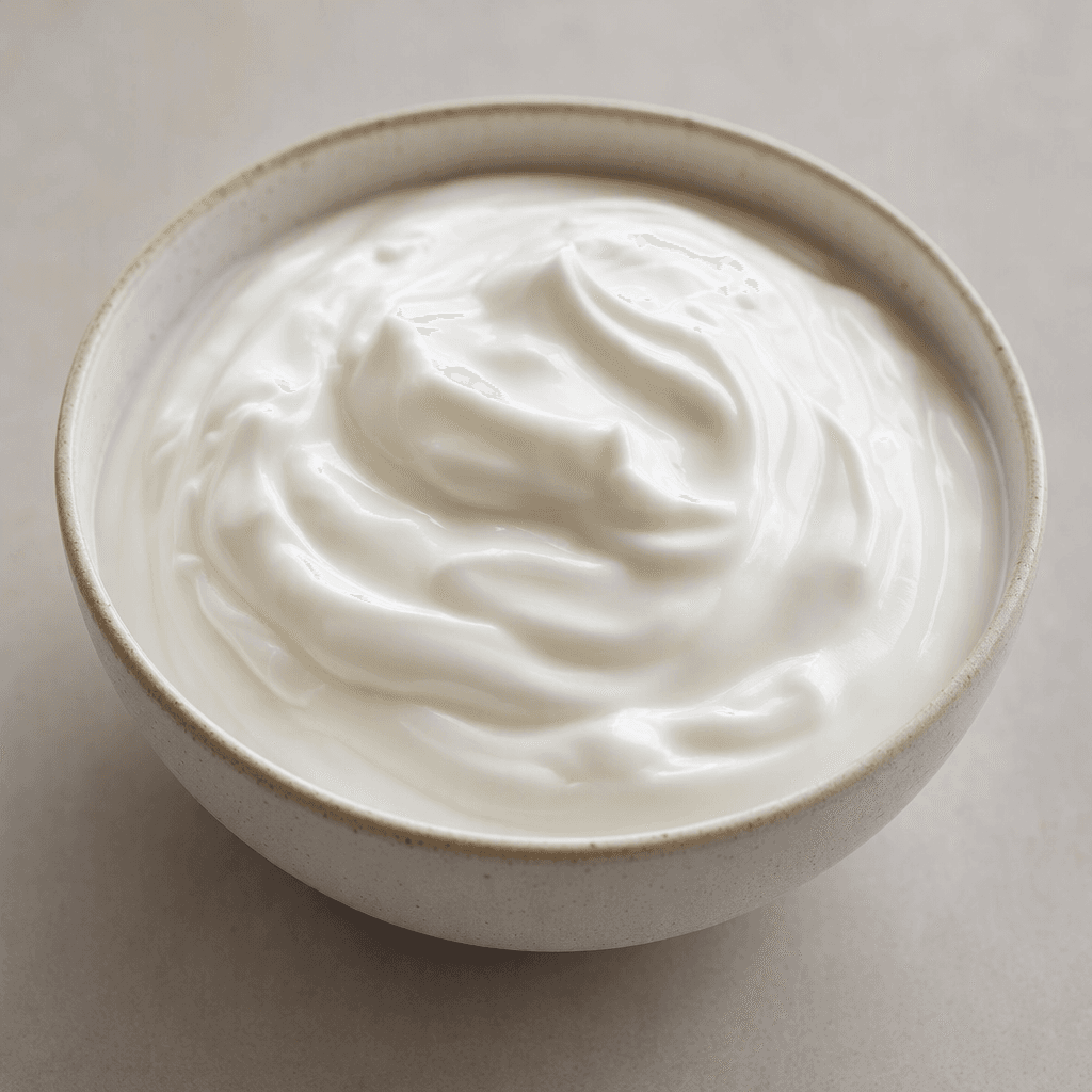 A thick, smooth, glossy white yogurt sits in a small bowl, with a softly mounded surface.