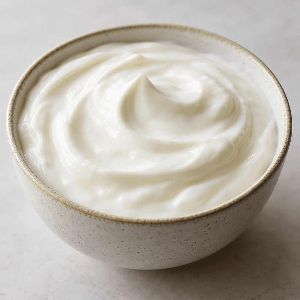 Thick, smooth, ivory-white yogurt sits in a small bowl with a softly rippled surface.