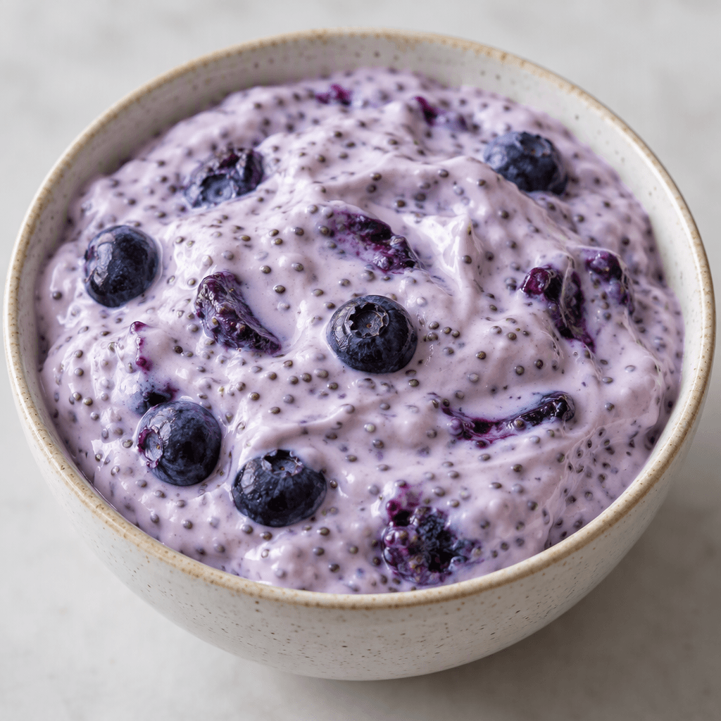 Thick, pale lavender yogurt is flecked with tiny black chia seeds and dotted with deep blue-purple blueberry pieces.