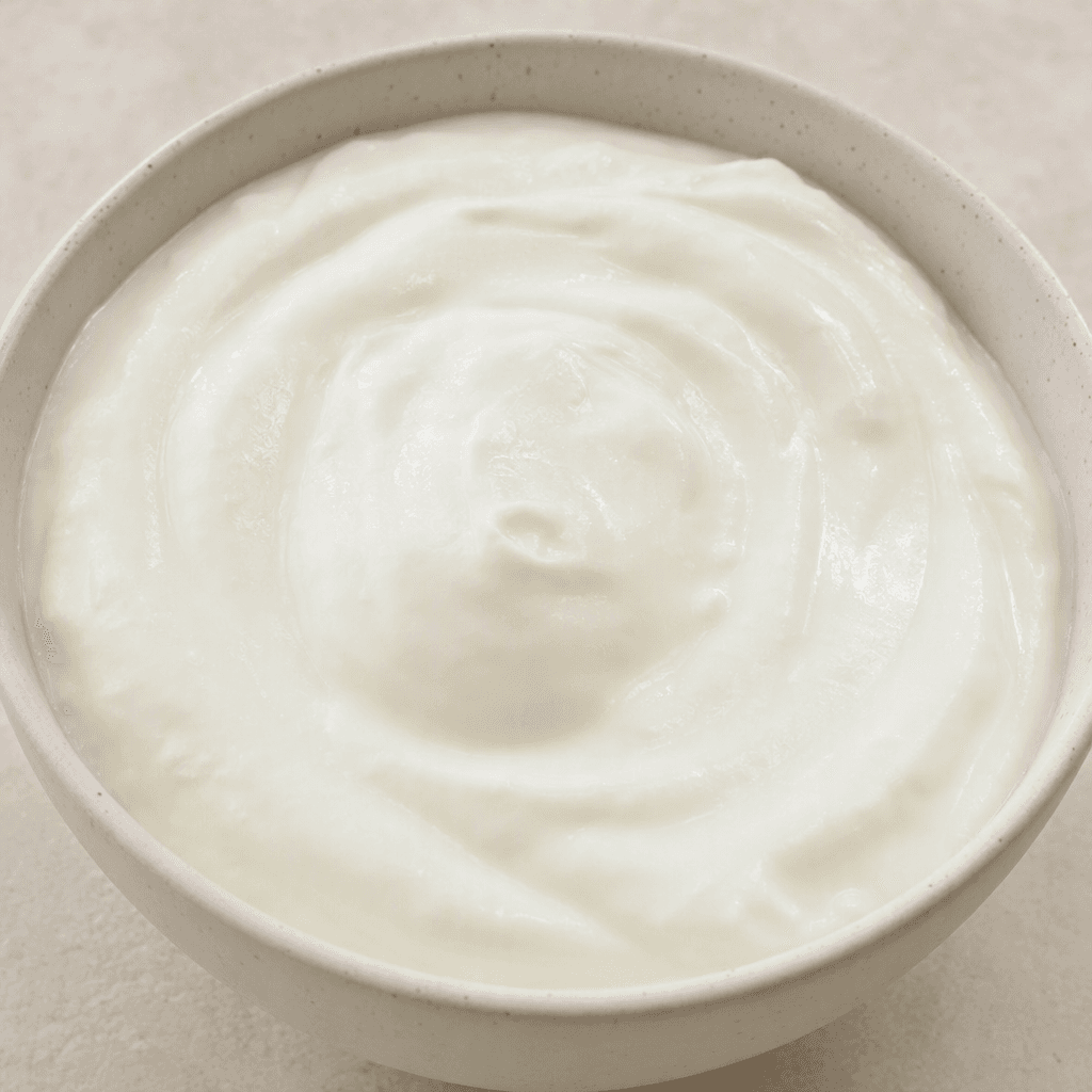 Thick, smooth white yogurt with a creamy surface, served in a bowl.
