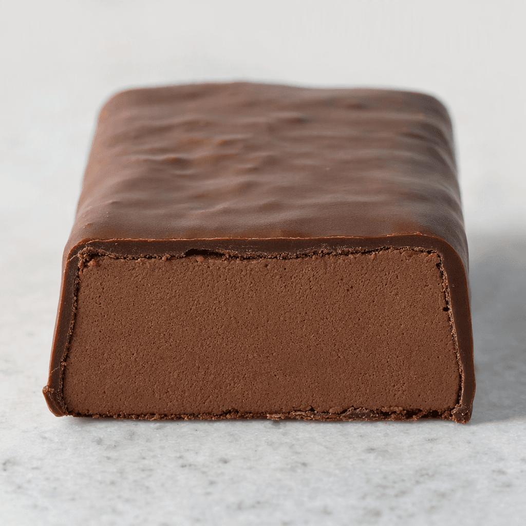 A compact rectangular frozen bar with a dark brown chocolate coating and a dense, smooth chocolate-colored center visible at the cut end.