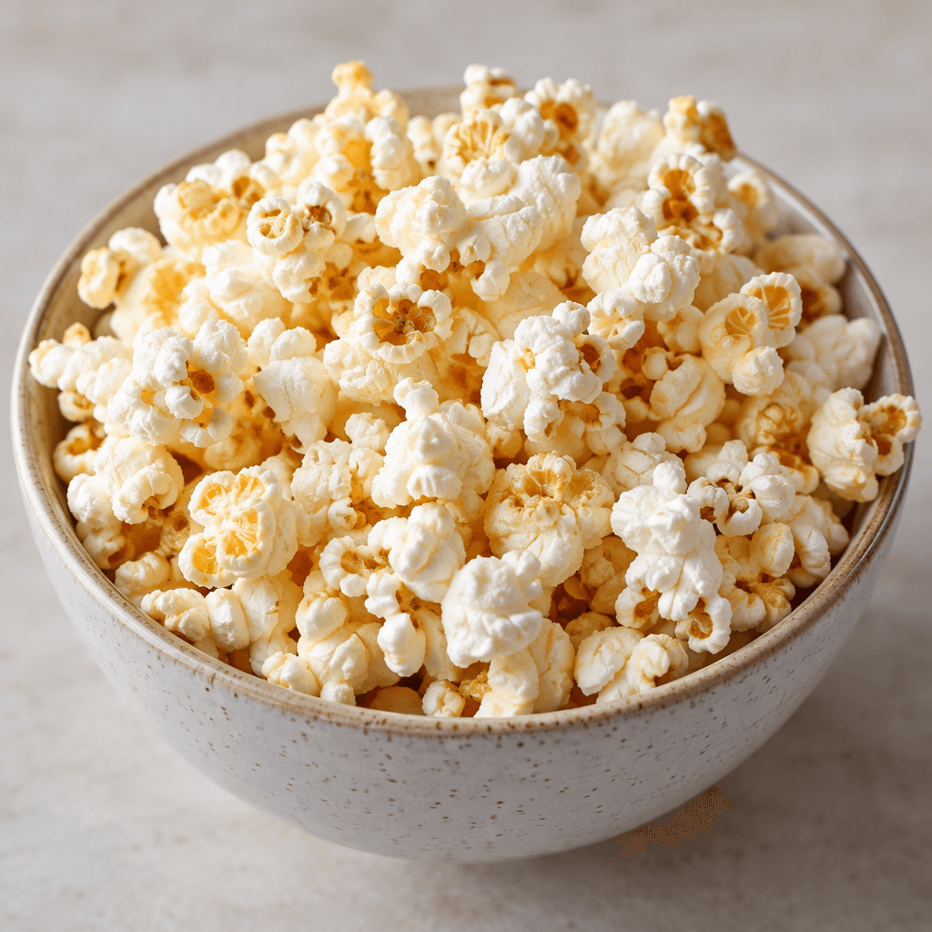 A loose pile of irregular popped corn kernels, mostly white with pale golden edges and crinkled, airy surfaces, sits in a small serving dish.