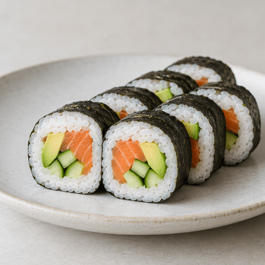 İnce koyu renkli yosuna sarılmış, içindeki beyaz pirinç, turuncu somon, açık yeşil avokado ve salatalığın kesitleri görünen sushi dilimleri tabakta düzgünce sıralanmış.