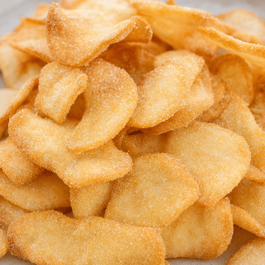 Thin, irregularly curved crisp pieces, pale golden with lightly browned edges, piled loosely with a fine sugary coating visible on their surfaces.