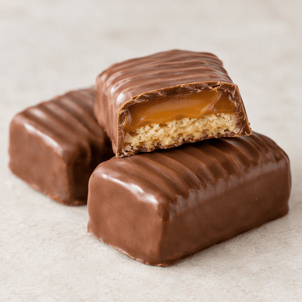 Small rectangular bars with a glossy milk-chocolate coating and gently ridged tops, one cut open to show a pale golden biscuit layer beneath soft amber caramel.