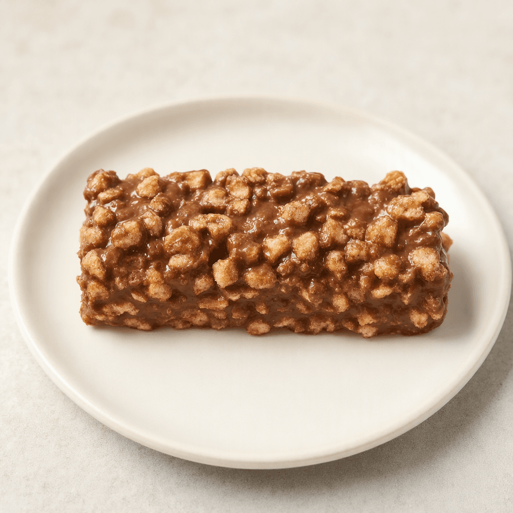 A short, rectangular bar with a bumpy, golden-brown biscuit coating and a glossy milk-chocolate layer visible between the biscuit pieces, shown whole on a plain plate.