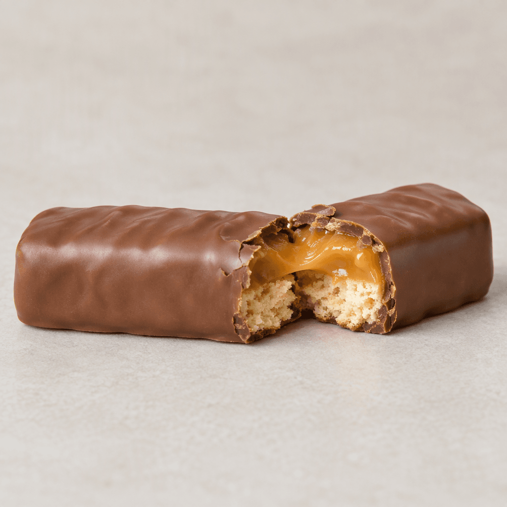 A long, low rectangular biscuit bar with a smooth milk-chocolate coating and, where broken open, a pale crisp biscuit base beneath a thick golden caramel layer.