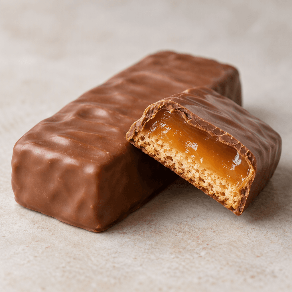 A rectangular biscuit bar with a smooth milk-chocolate coating, shown beside a cut piece revealing a thin golden biscuit layer and a soft amber caramel filling.