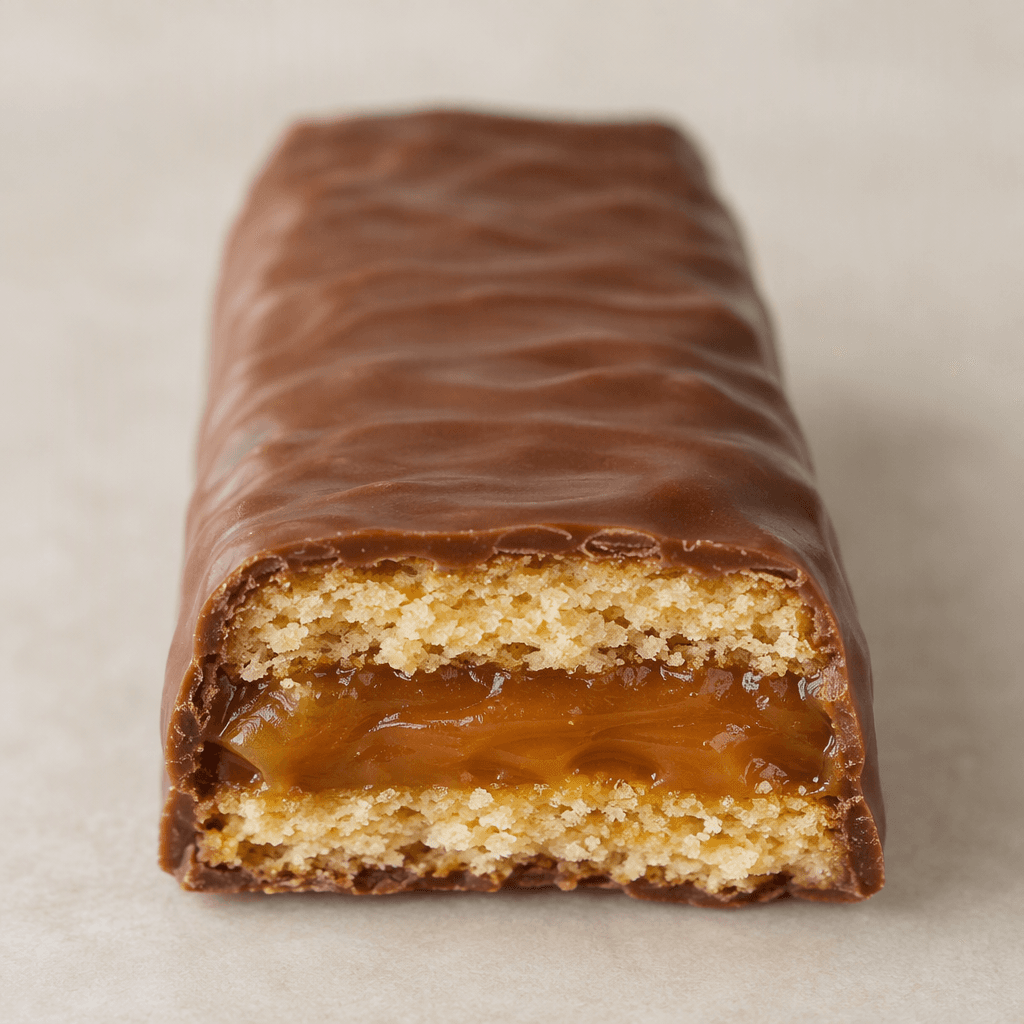 A long, rectangular biscuit bar is coated in smooth medium-brown chocolate, with a cross-section showing pale golden biscuit layers and a thick, glossy caramel layer beneath the coating.