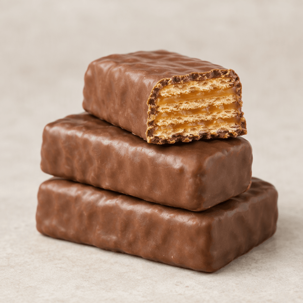 Small rectangular bars with a smooth milk-chocolate coating; one cut end reveals thin golden wafer layers with caramel between them.