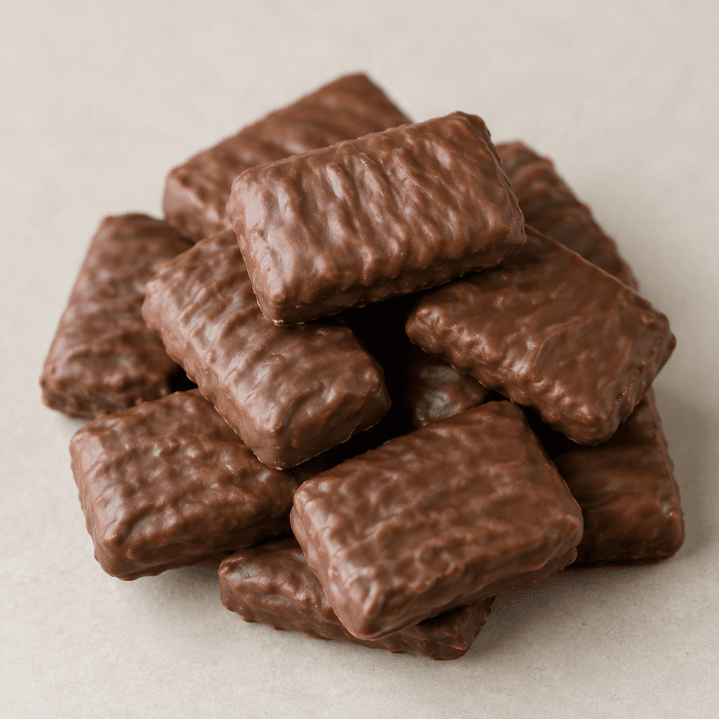 Small, bite-size rectangular biscuits are coated in smooth brown chocolate, with a slightly rippled surface and crisp edges.