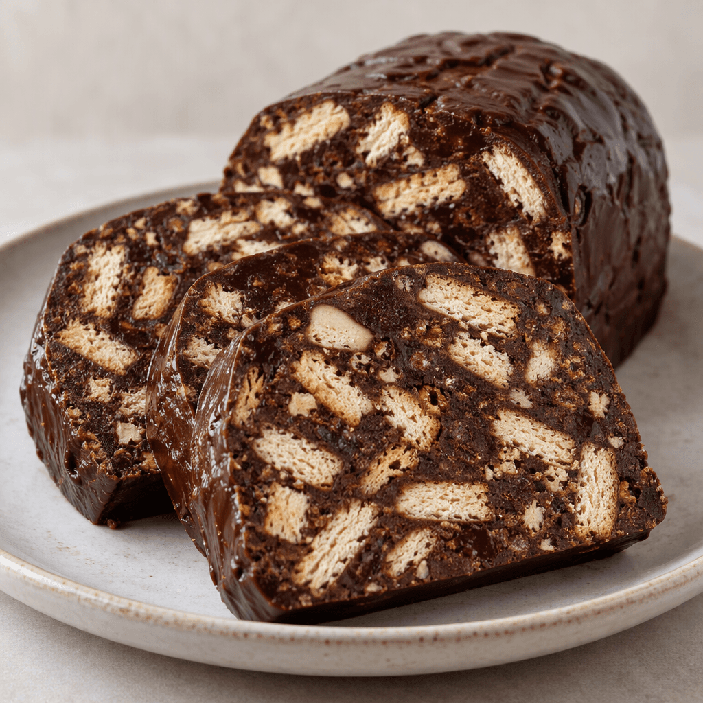 Thick slices of a dark-brown chocolate mosaic loaf sit on a plate, their cut faces speckled with uneven pale biscuit pieces and their surfaces smooth and glossy.