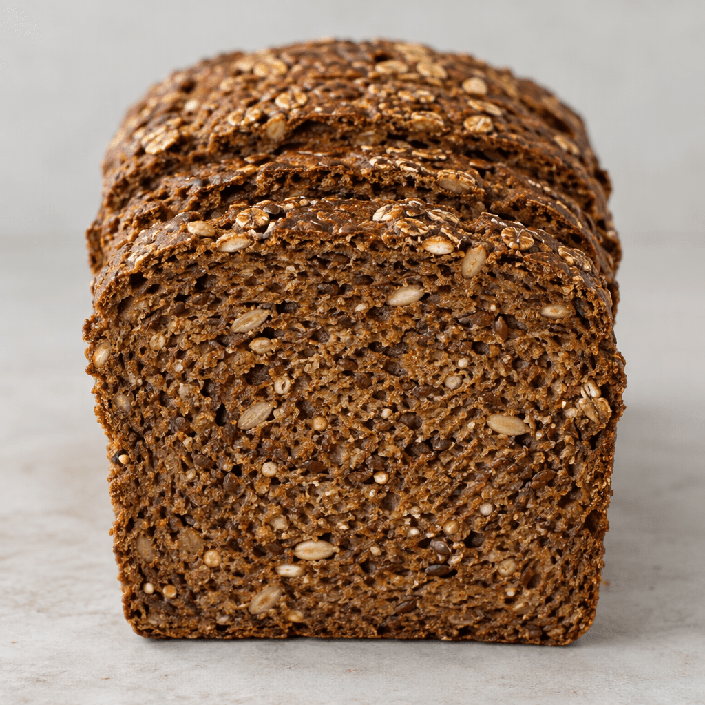 A dense, rectangular dark-brown loaf of sliced whole-grain bread, with a coarse, moist-looking crumb dotted with visible seeds and grains and a lightly textured crust.