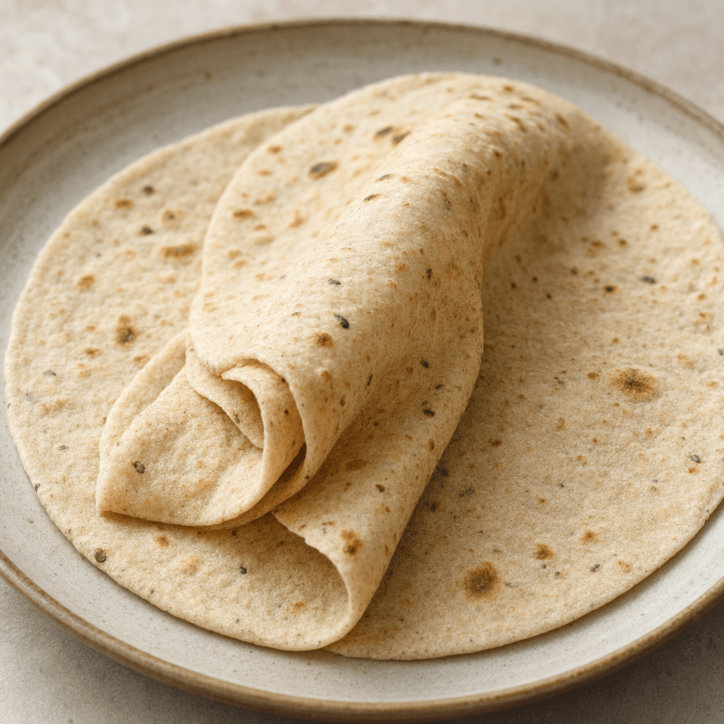 A thin, round, pale beige flatbread with a soft, flexible surface and scattered darker grain flecks, shown folded loosely on a plate.