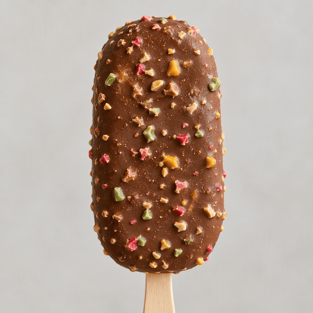A rounded ice cream bar on a stick, coated in a thin chocolate-brown shell with small colourful crunchy pieces scattered over the surface.