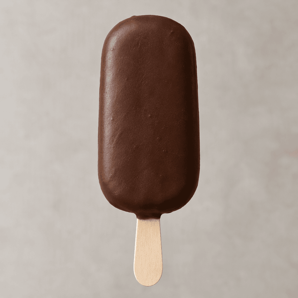 A smooth, dark-brown chocolate-coated ice cream bar with rounded corners and a pale wooden stick, shown whole.