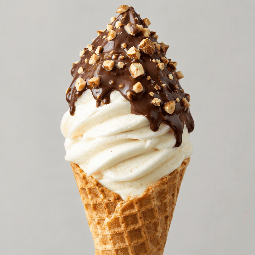 A crisp, golden-brown waffle cone holds a tall swirl of pale vanilla ice cream, topped with a glossy chocolate coating and scattered nut pieces.