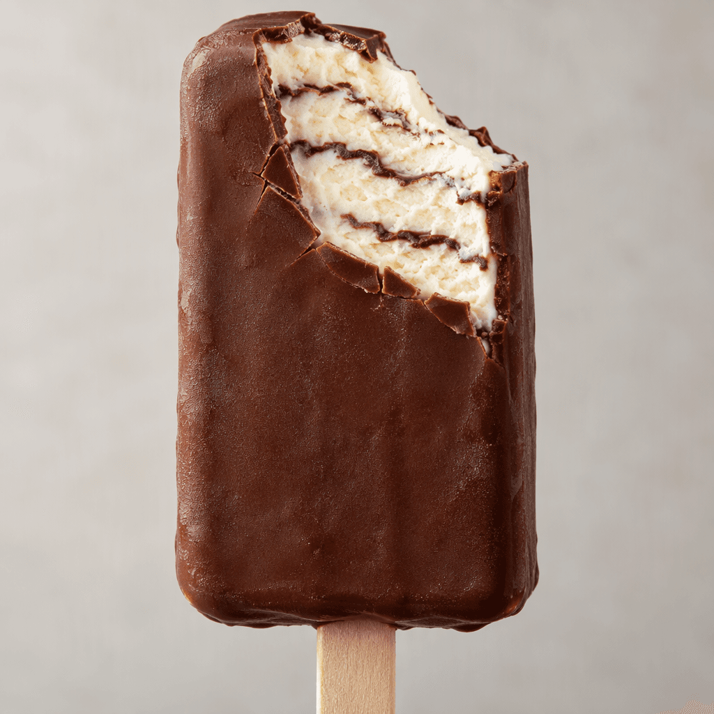 A rectangular vanilla ice cream bar on a wooden stick, with thin, wavy dark chocolate layers visible through its pale, creamy interior and a smooth chocolate coating around the outside.
