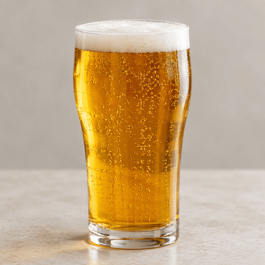A clear golden-amber malt drink sits in a glass, with fine bubbles rising through it and a thin layer of pale foam on top.
