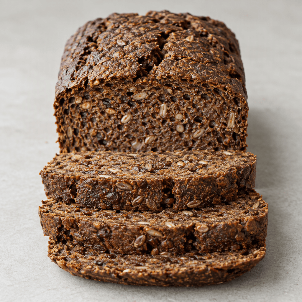 A dark brown, dense loaf with a thick, crackled crust and a compact moist-looking crumb, sliced into sturdy rectangular pieces that reveal scattered rye grains and seeds.