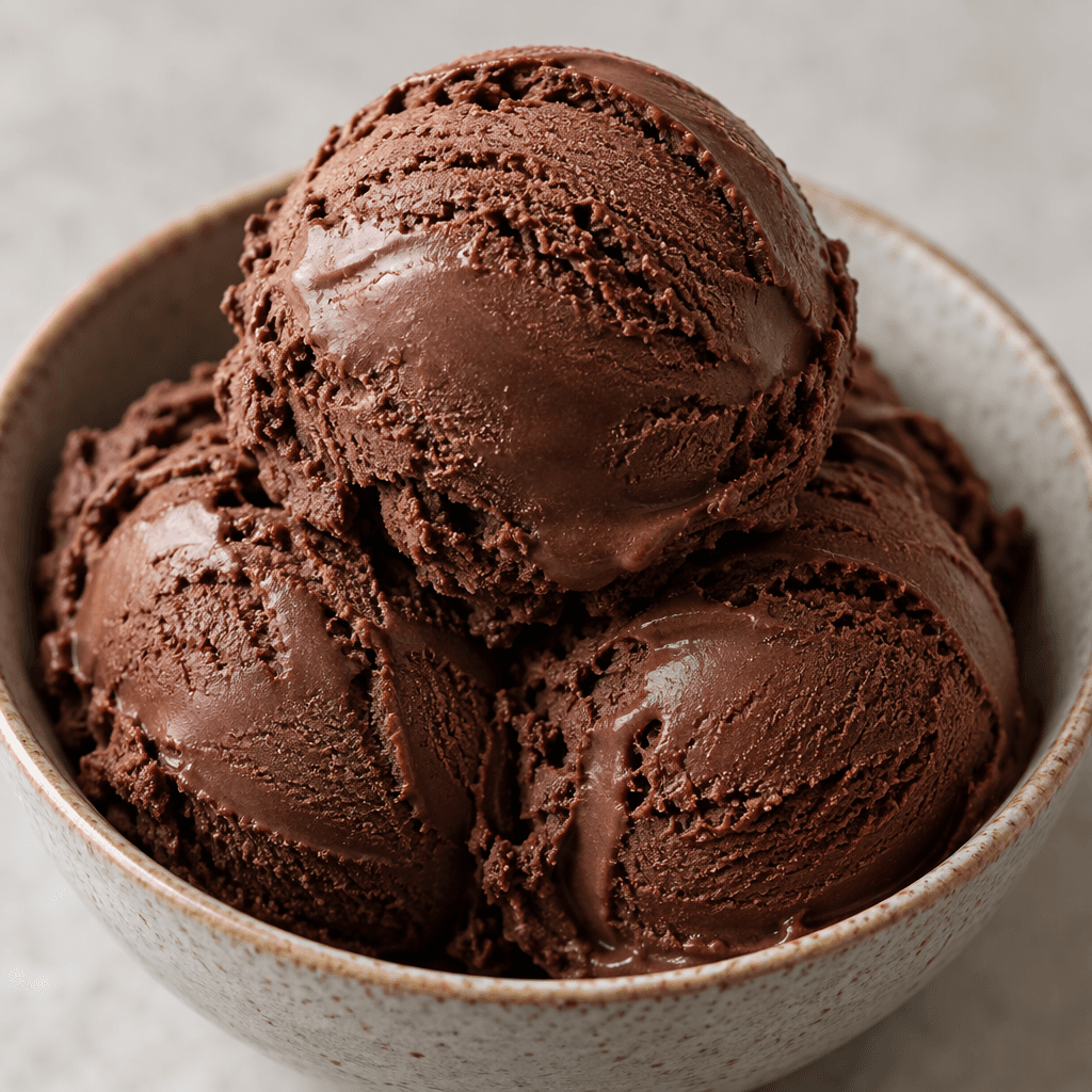 Dark chocolate ice cream in rounded scoops, with a deep brown colour and a smooth, dense, creamy surface.