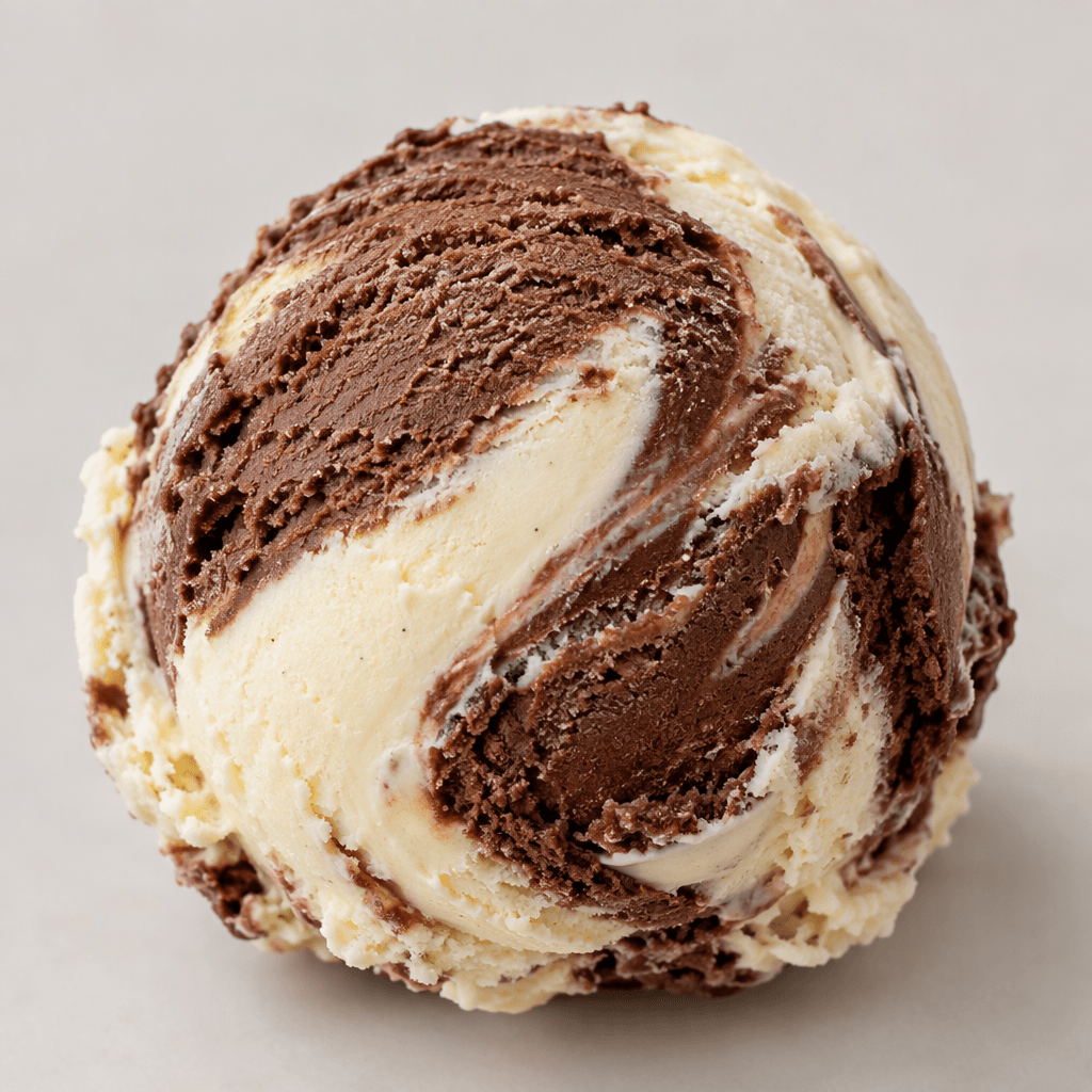 A scoop of ice cream with creamy ivory vanilla and deep brown cocoa portions, softly marbled together with smooth, slightly ridged surfaces.