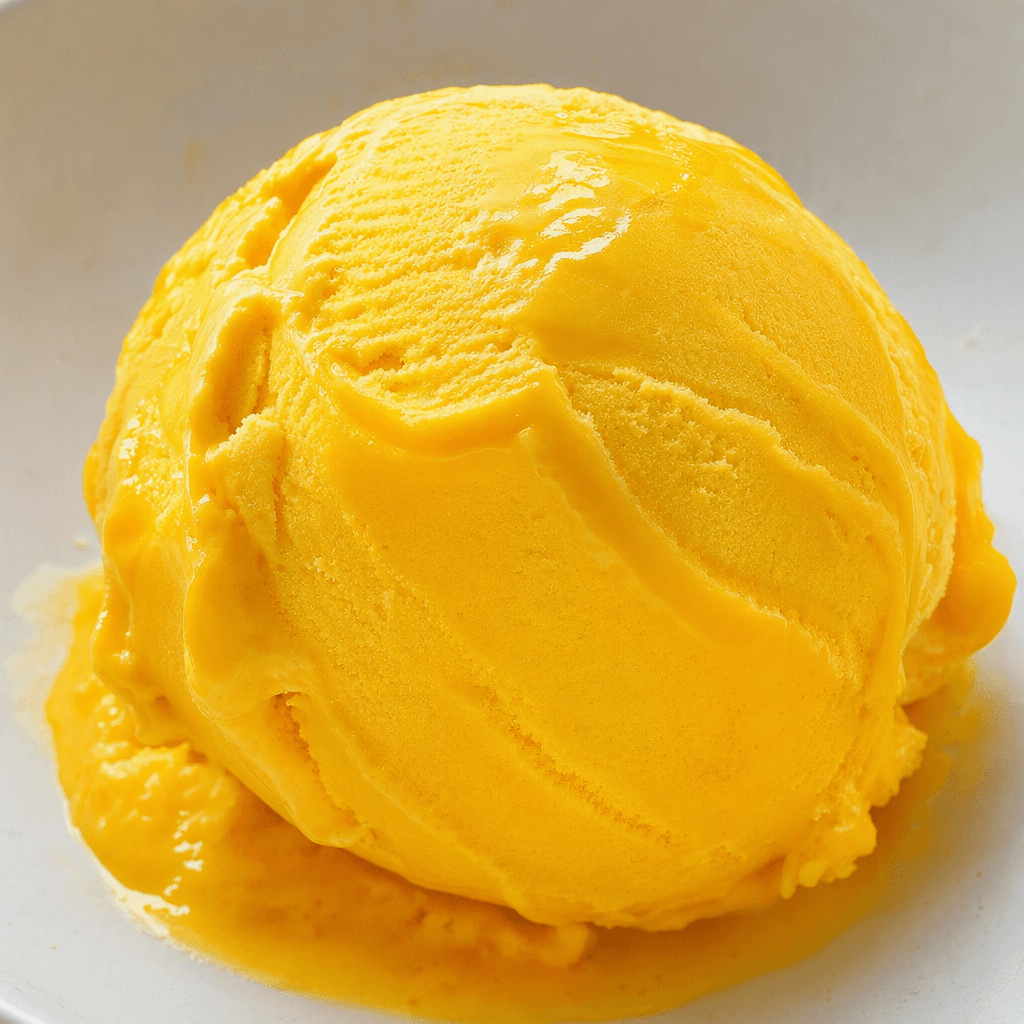 A smooth, creamy mound of vivid golden-yellow mango ice cream, with softly rounded scoop marks and a few glossy streaks on its surface.