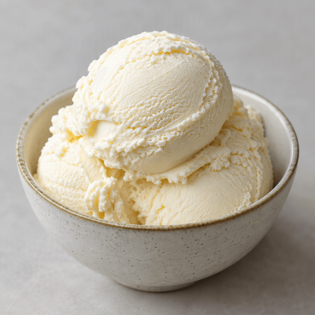 A mound of pale ivory plain ice cream with a smooth, dense surface and soft scoop marks, served in a small bowl.