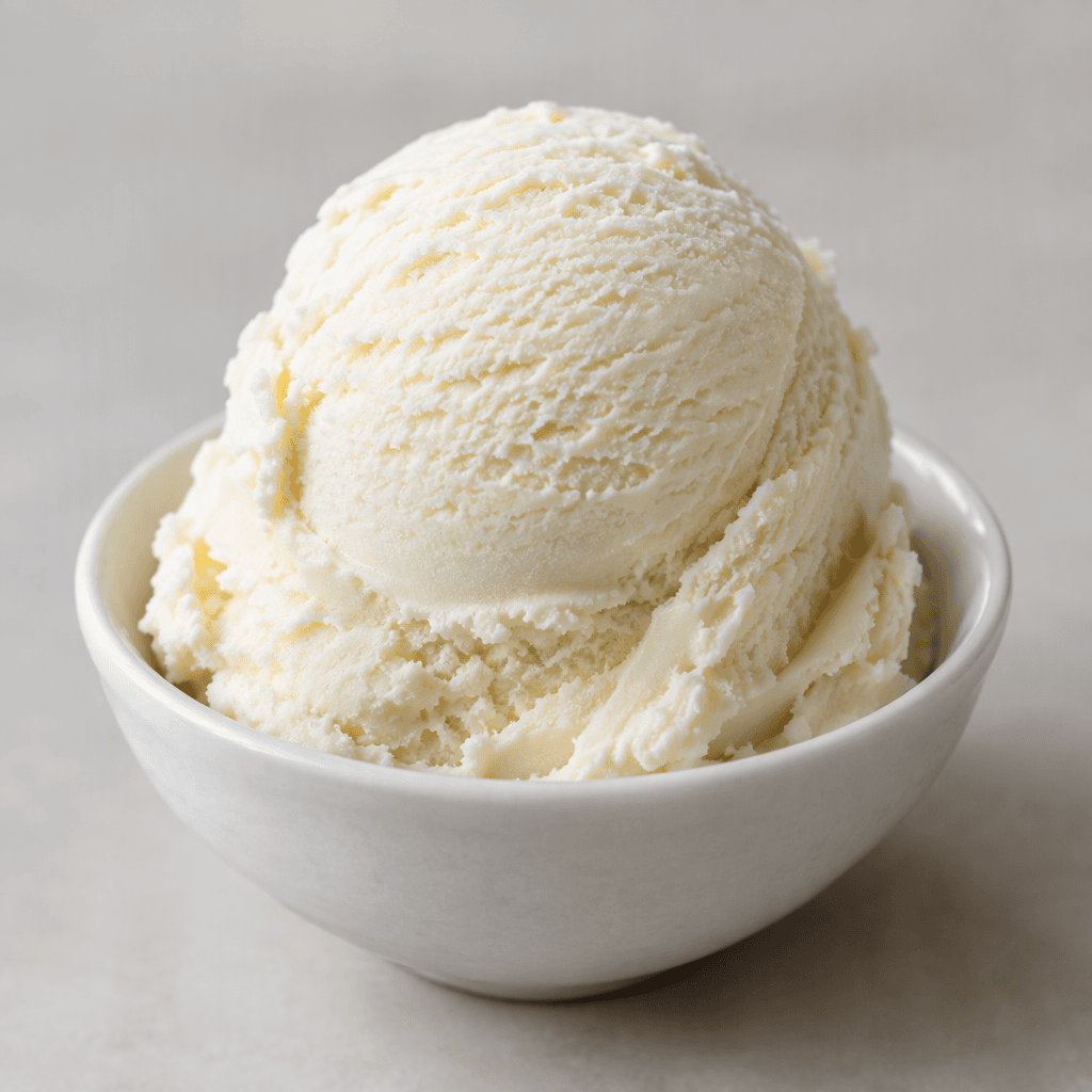 A dense, smooth mound of plain ivory-white ice cream with a slightly elastic, gently ridged surface, served on a small dish.