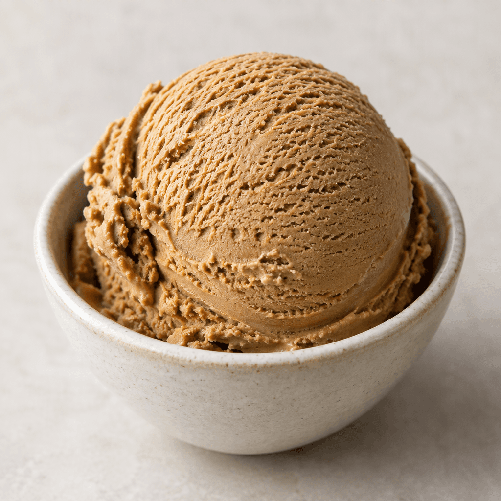 A rounded scoop of smooth, dense, light-brown espresso ice cream sits in a small serving dish.