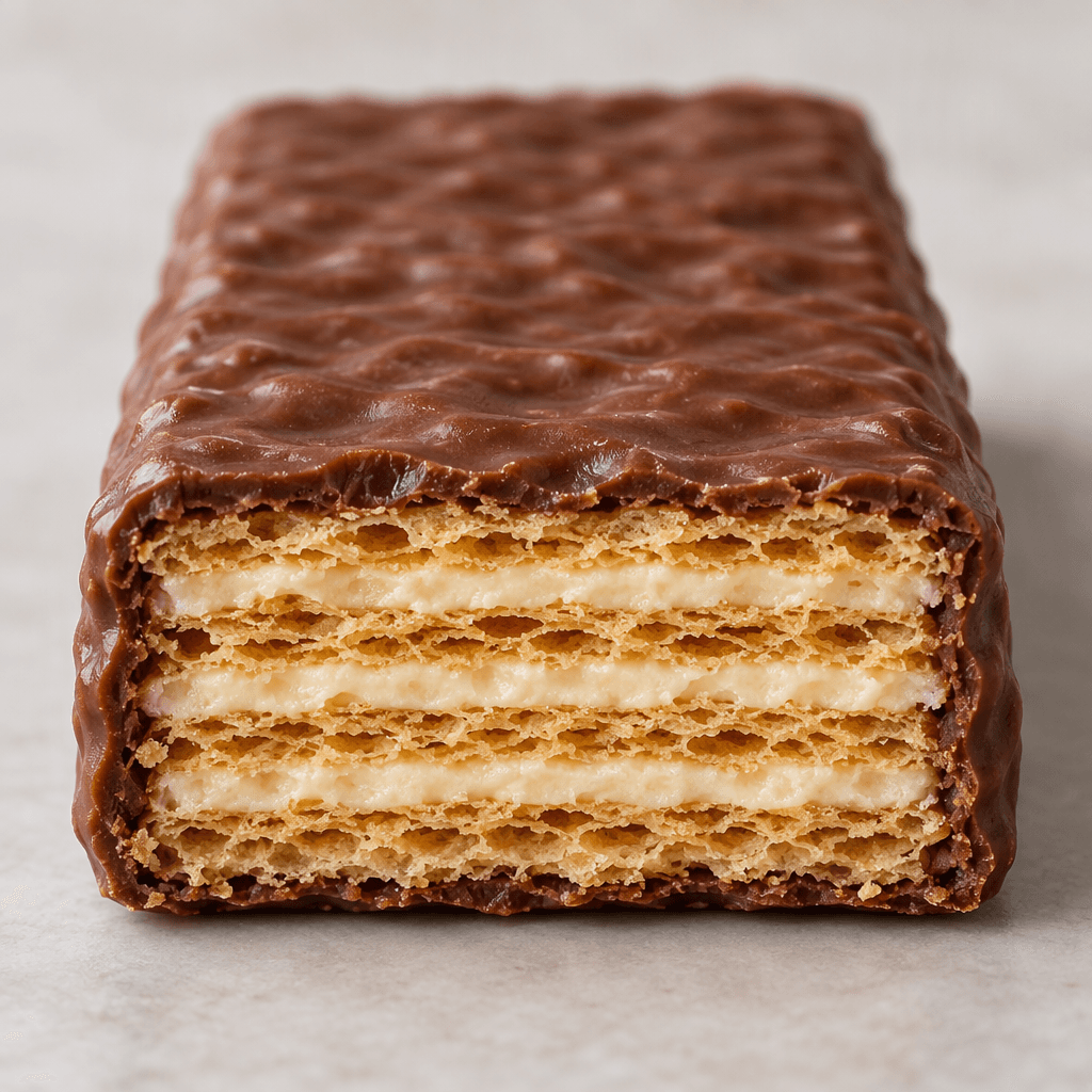 A rectangular chocolate-coated wafer bar with crisp, thin golden layers and pale cream filling visible in a cross-section.