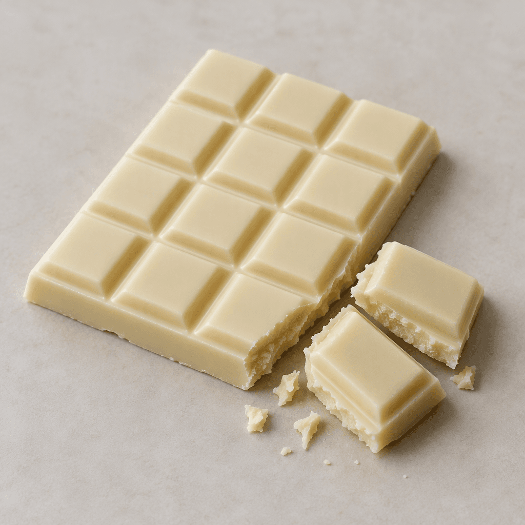A smooth ivory-white chocolate bar divided into small raised rectangular sections, with a clean, slightly glossy surface and a few pieces broken off beside it.