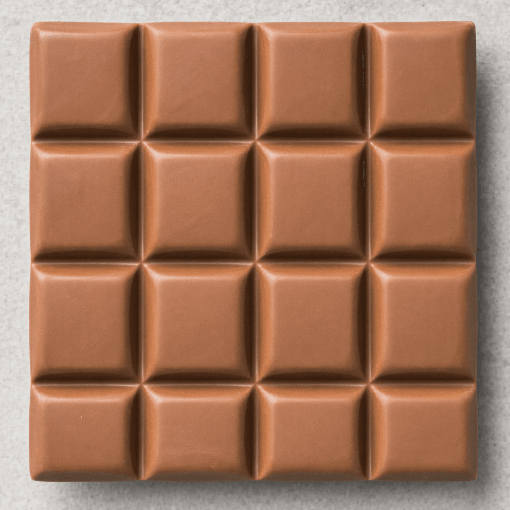 A rectangular milk-chocolate bar with a smooth, slightly glossy brown surface and shallow grooves dividing it into neat sections.