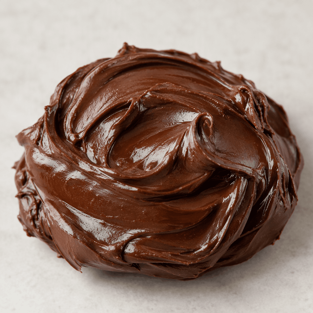 A thick, smooth, glossy dark-brown chocolate spread sits in a soft mound with gentle swirls on its surface.